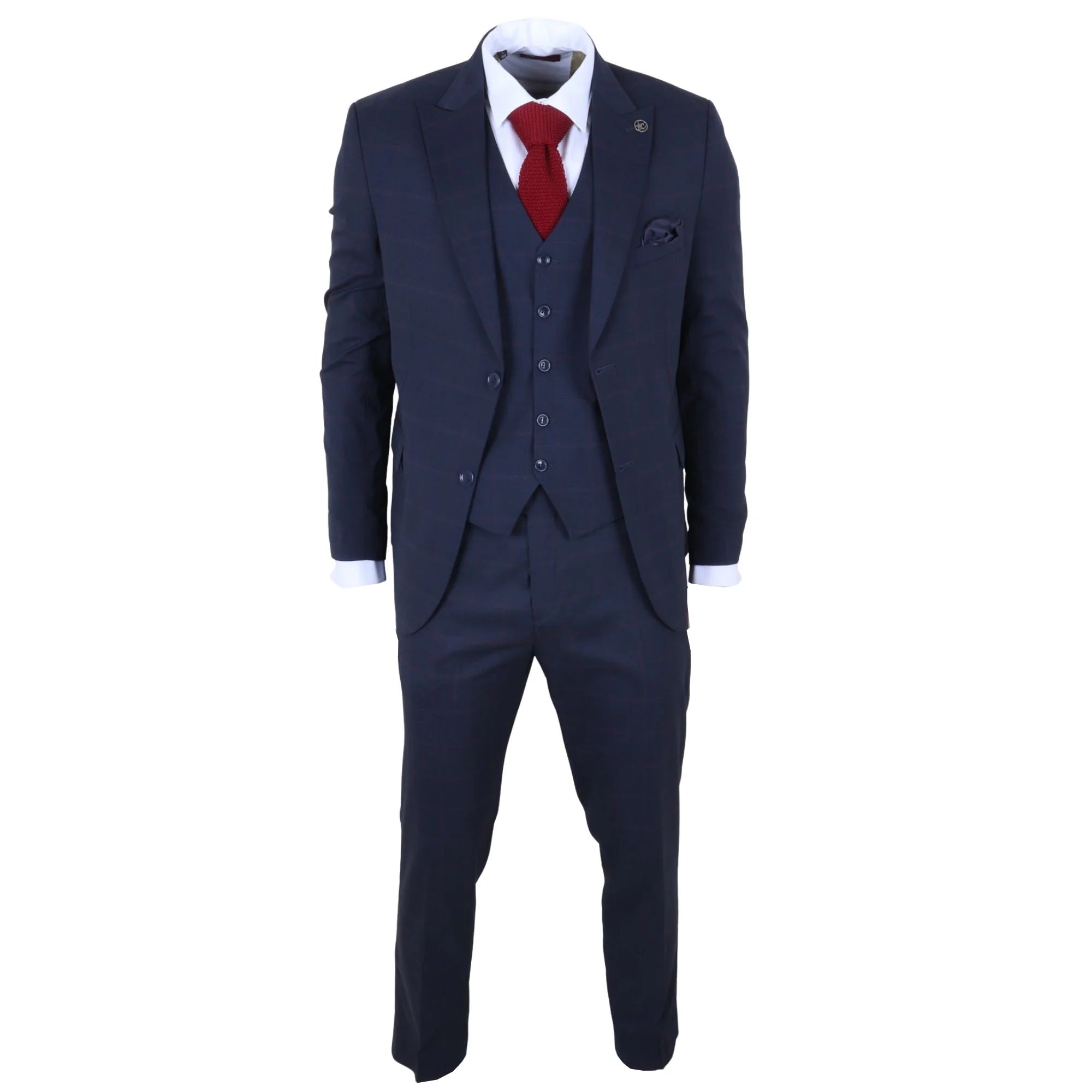 IM54 - Abito da uomo a tre pezzi a quadri blu navy, vestibilità sartoriale