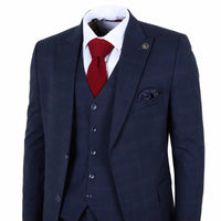 IM54 - Abito da uomo a tre pezzi a quadri blu navy, vestibilità sartoriale