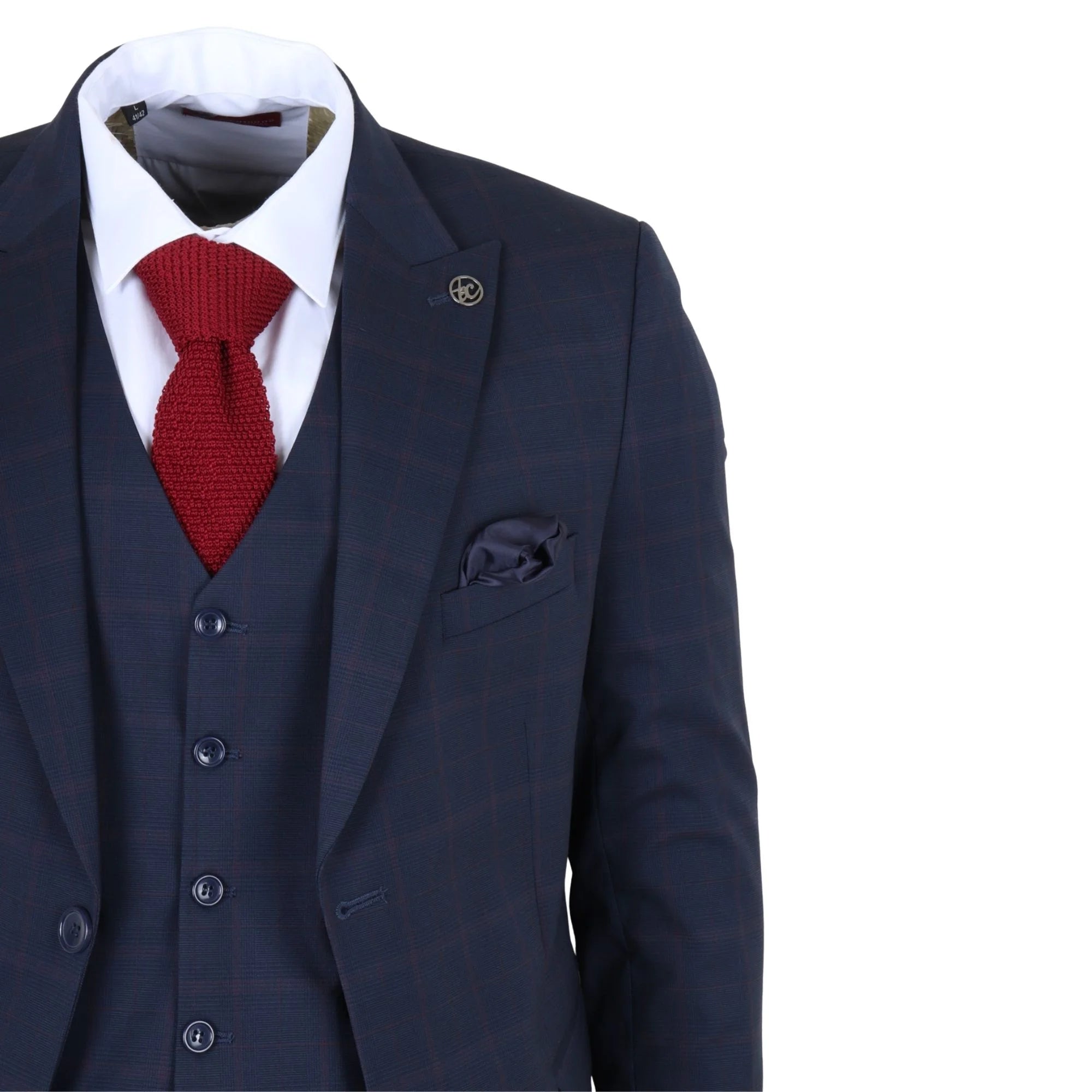 IM54 - Abito da uomo a tre pezzi a quadri blu navy, vestibilità sartoriale