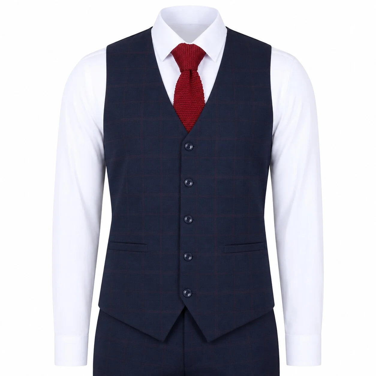 IM54 - Abito da uomo a tre pezzi a quadri blu navy, vestibilità sartoriale