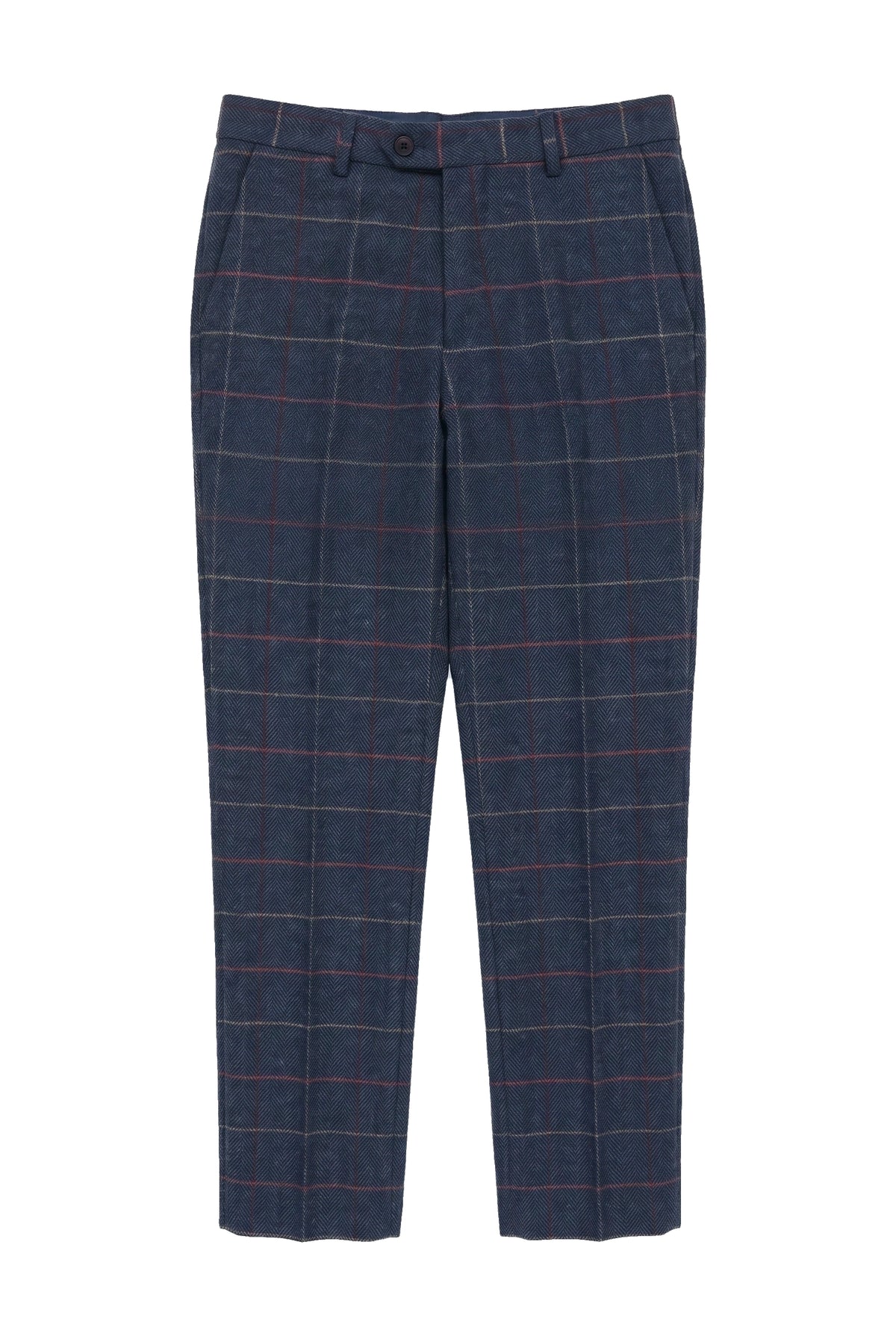 Pantaloni da uomo blu navy in tweed a spina di pesce a quadri vintage, nuovi Marc Darcy