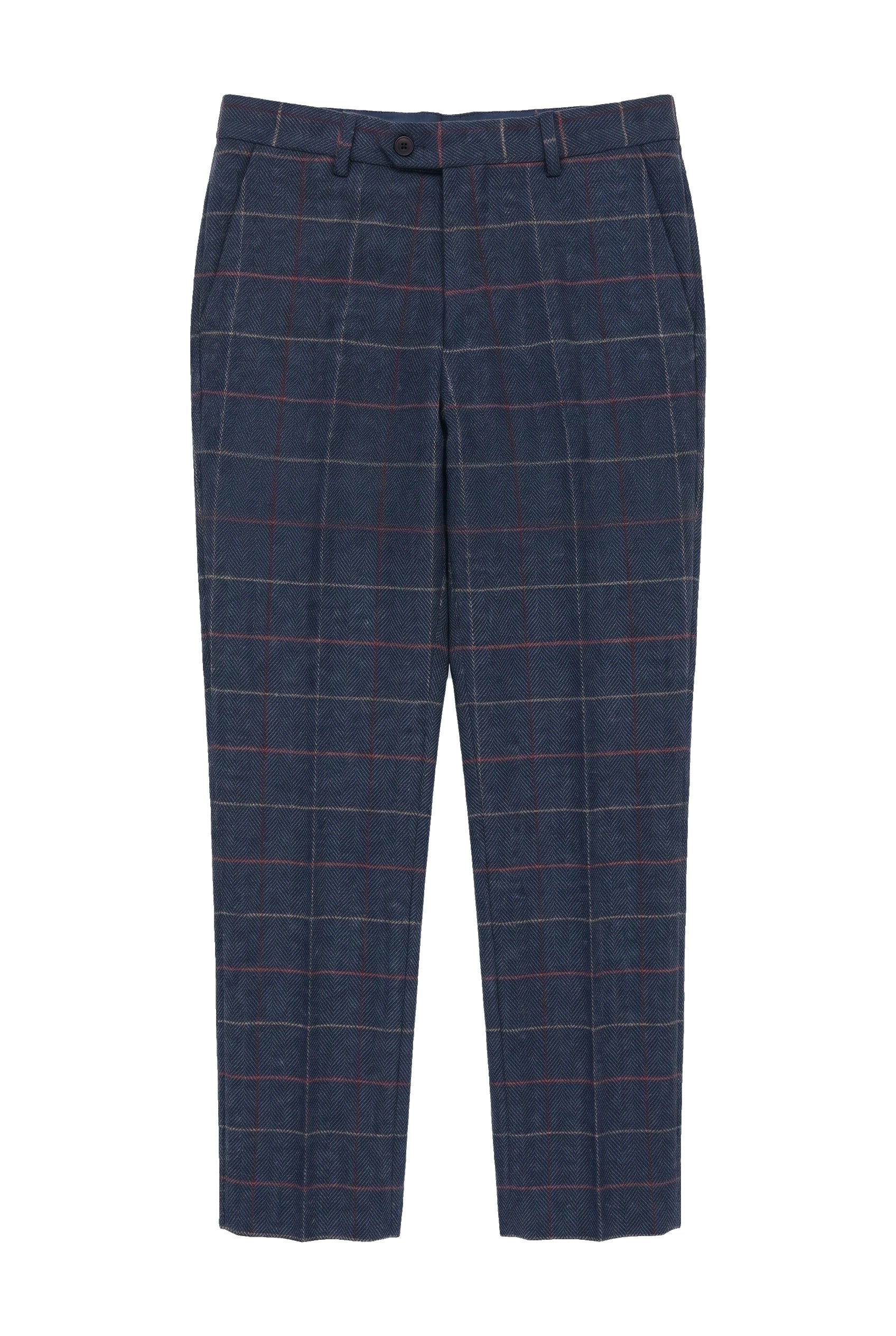 Pantaloni da uomo blu navy in tweed a spina di pesce a quadri vintage, nuovi Marc Darcy