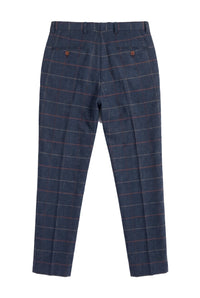Pantaloni da uomo blu navy in tweed a spina di pesce a quadri vintage, nuovi Marc Darcy