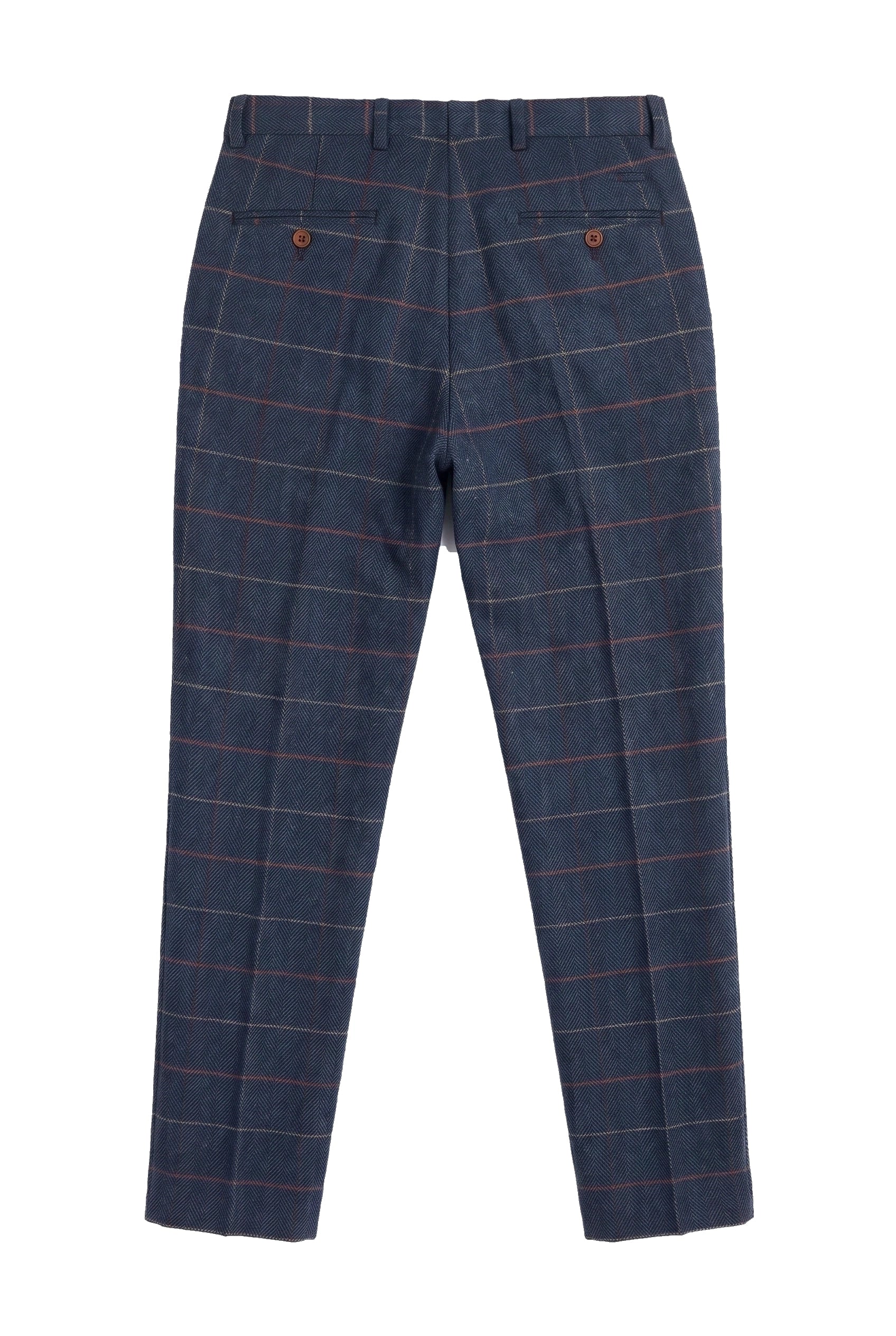 Pantaloni da uomo blu navy in tweed a spina di pesce a quadri vintage, nuovi Marc Darcy