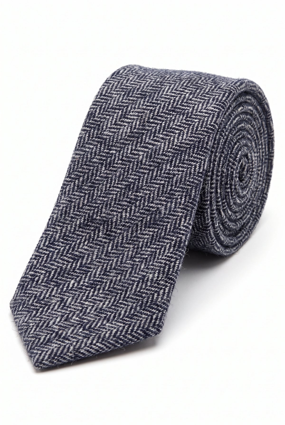Cravatta da uomo in tweed di misto lana a spina di pesce blu navy