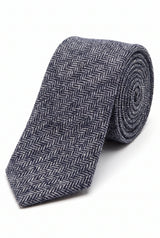 Cravatta da uomo in tweed di misto lana a spina di pesce blu navy