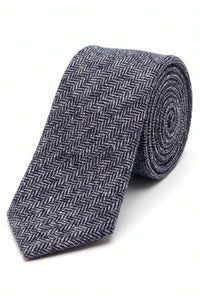 Cravatta da uomo in tweed di misto lana a spina di pesce blu navy