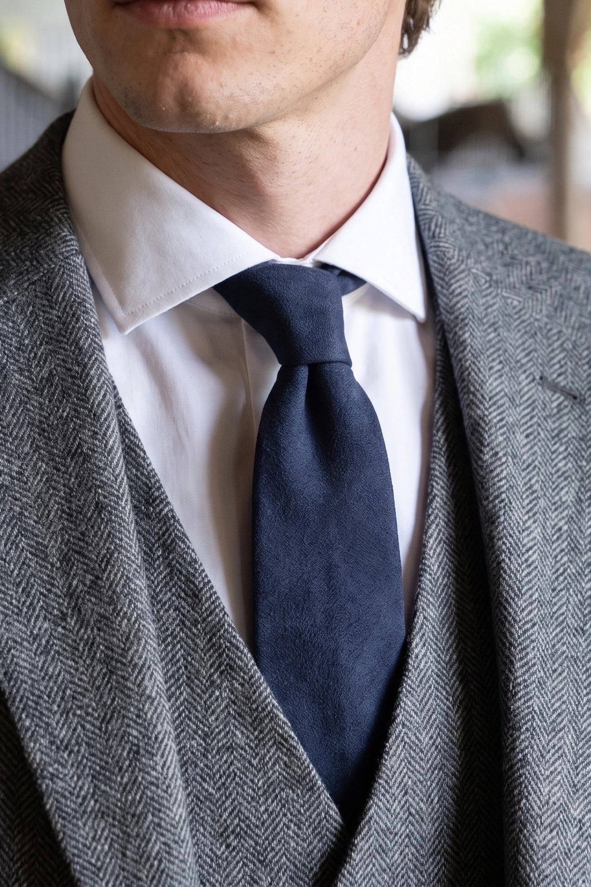 Cravatta da uomo blu navy con finitura scamosciata