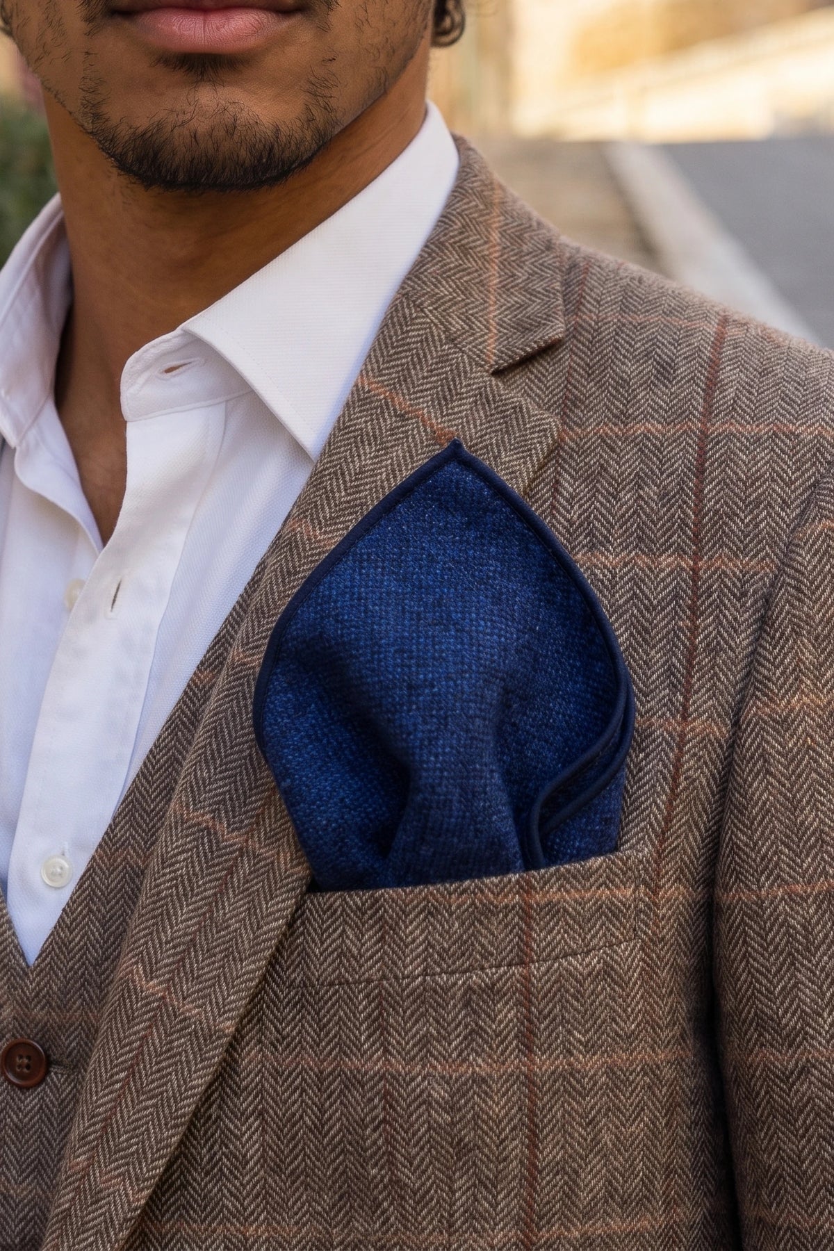 Fazzoletto da taschino da uomo in misto lana tweed blu navy