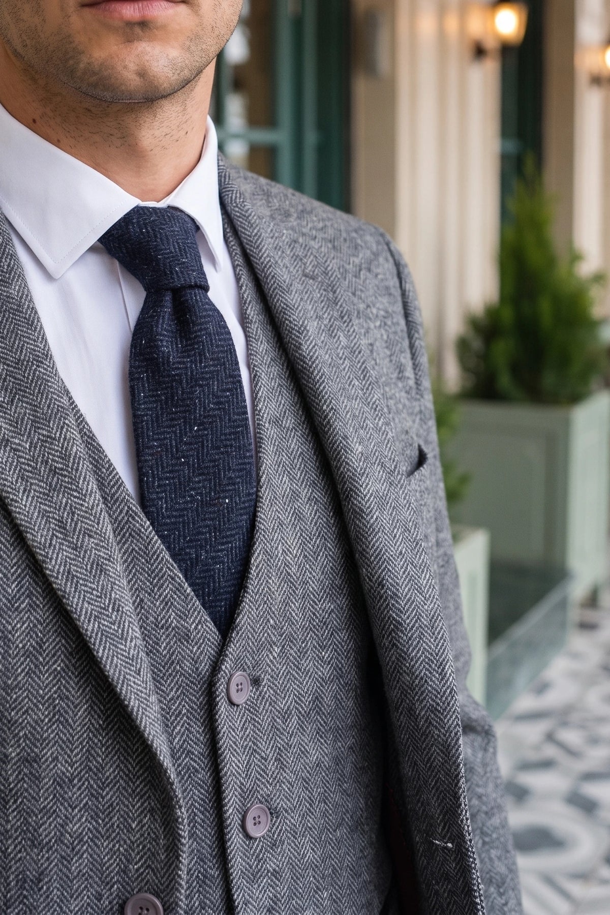 Cravatta da uomo in tweed di misto lana blu navy