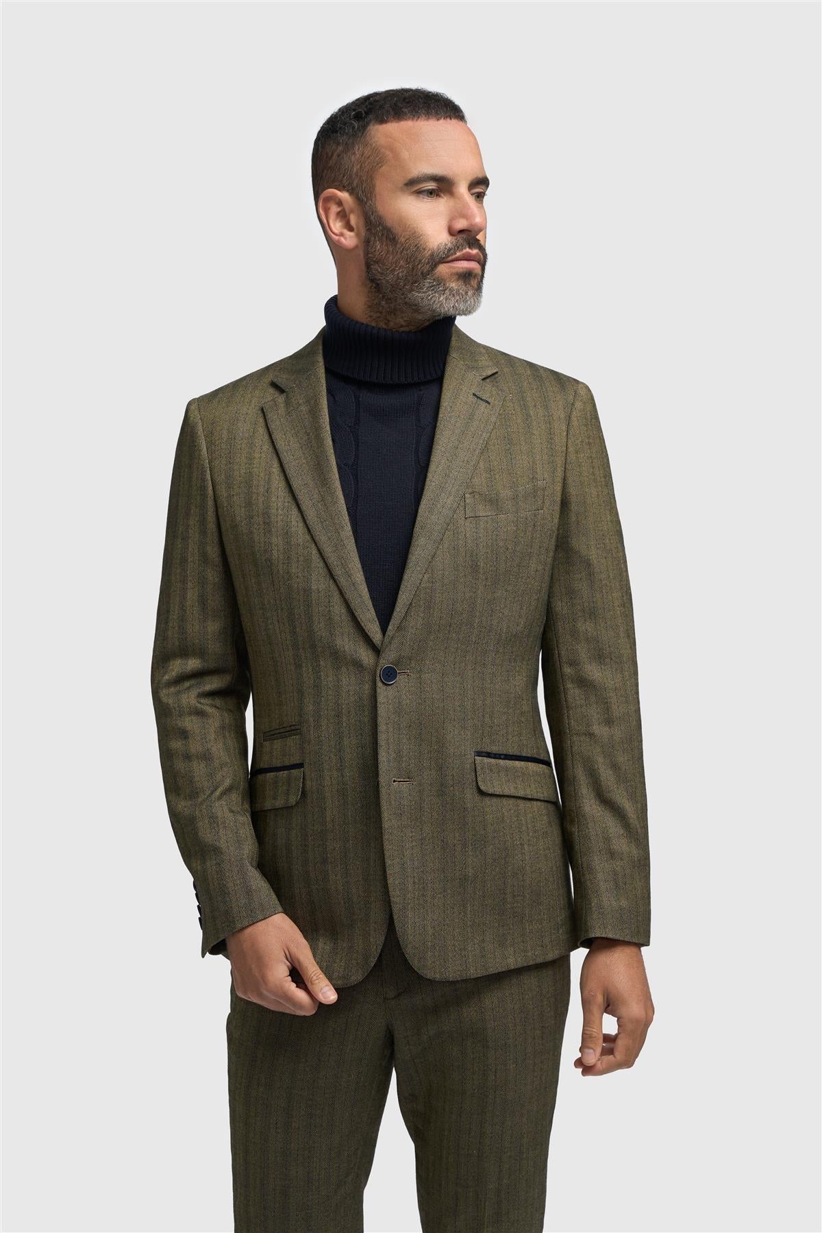 Blazer da uomo in tweed verde oliva a spina di pesce