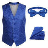 Completo da uomo a 3 pezzi con papillon, fazzoletto da taschino e gilet con stampa floreale paisley - Blu