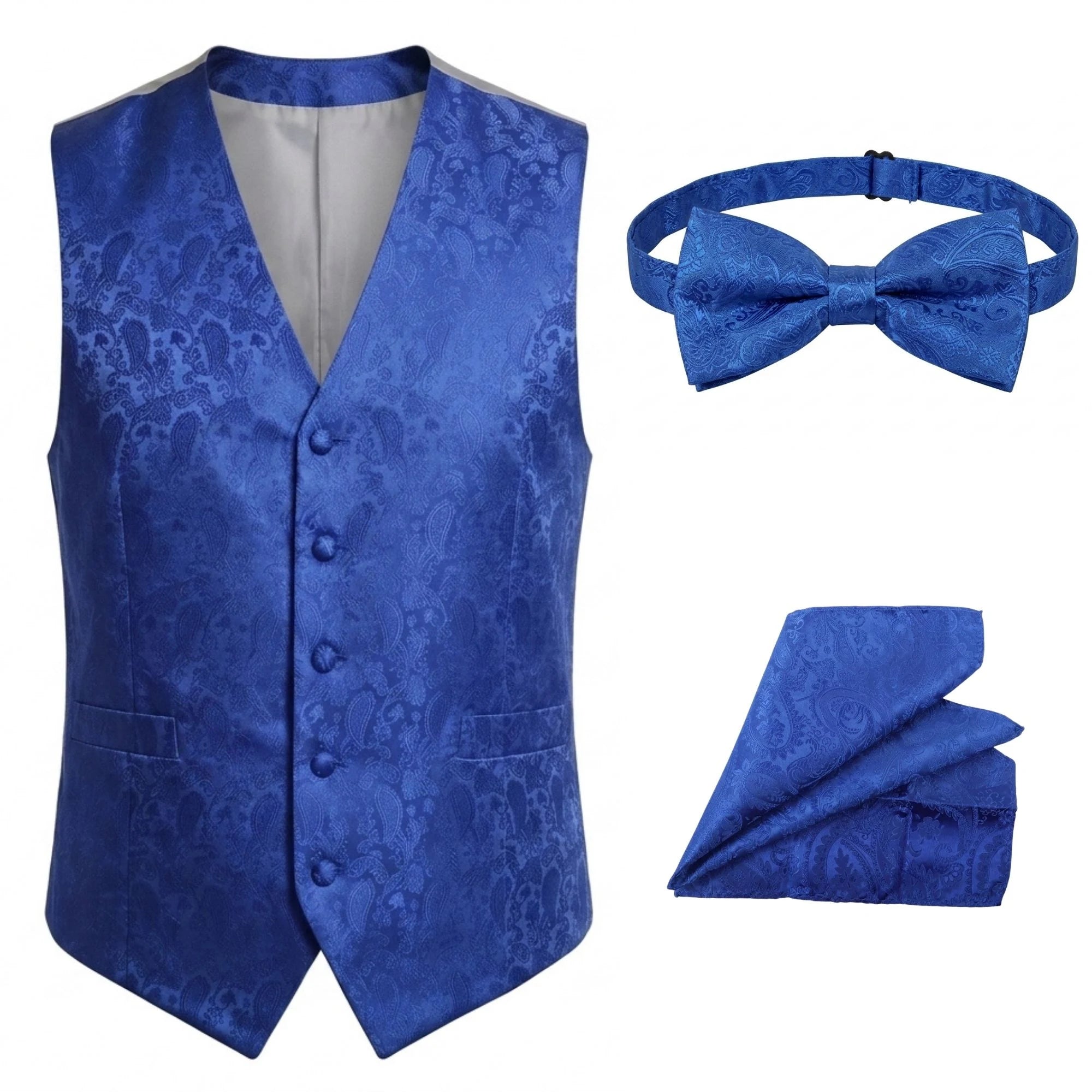 Completo da uomo a 3 pezzi con papillon, fazzoletto da taschino e gilet con stampa floreale paisley - Blu