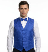 Completo da uomo a 3 pezzi con papillon, fazzoletto da taschino e gilet con stampa floreale paisley - Blu