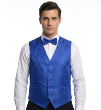 Completo da uomo a 3 pezzi con papillon, fazzoletto da taschino e gilet con stampa floreale paisley - Blu