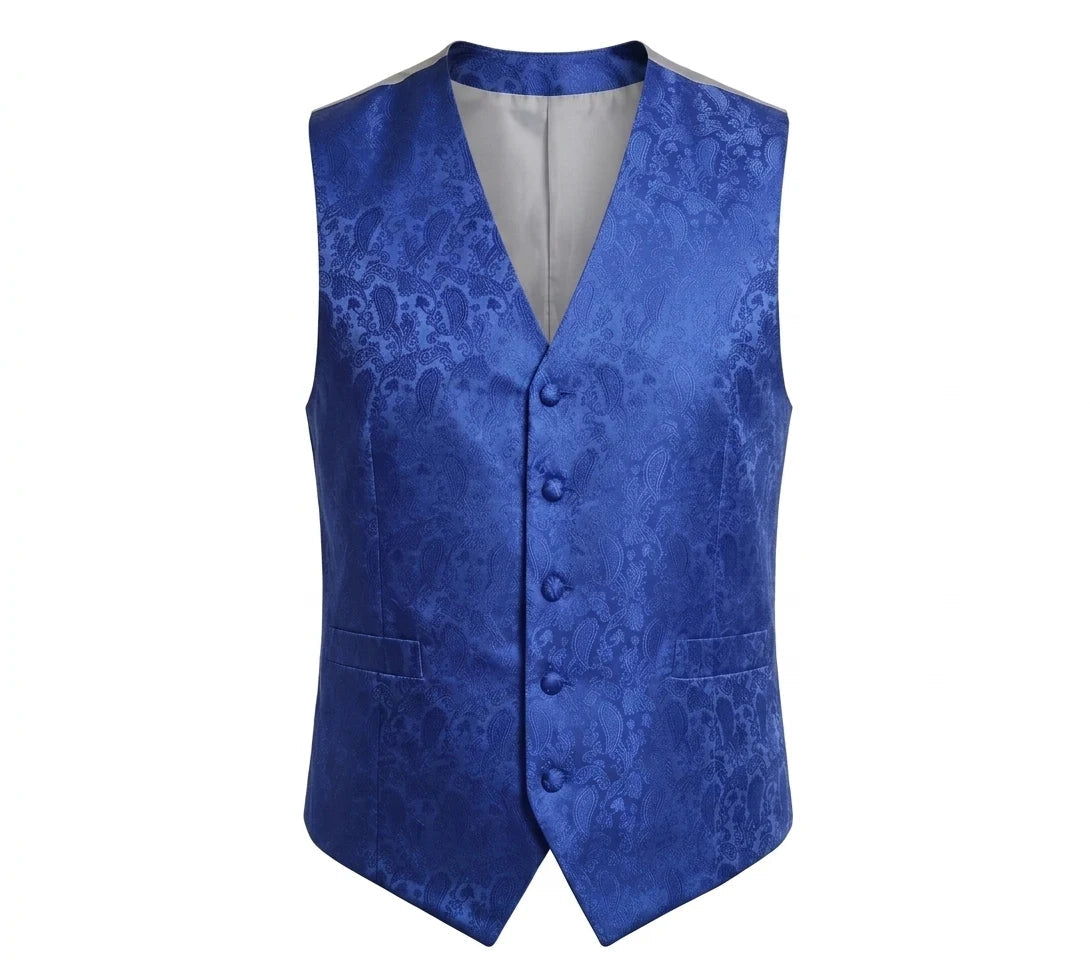 Completo da uomo a 3 pezzi con papillon, fazzoletto da taschino e gilet con stampa floreale paisley - Blu