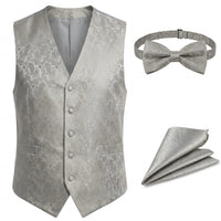 Completo da uomo a 3 pezzi con papillon, fazzoletto da taschino e gilet con stampa floreale paisley - Grigio