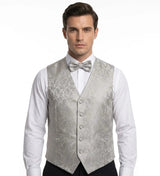 Completo da uomo a 3 pezzi con papillon, fazzoletto da taschino e gilet con stampa floreale paisley - Grigio