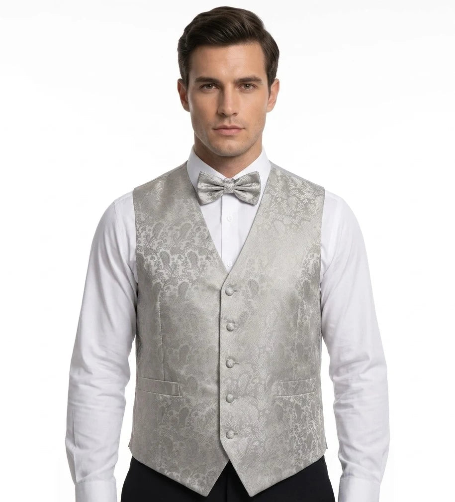Completo da uomo a 3 pezzi con papillon, fazzoletto da taschino e gilet con stampa floreale paisley - Grigio