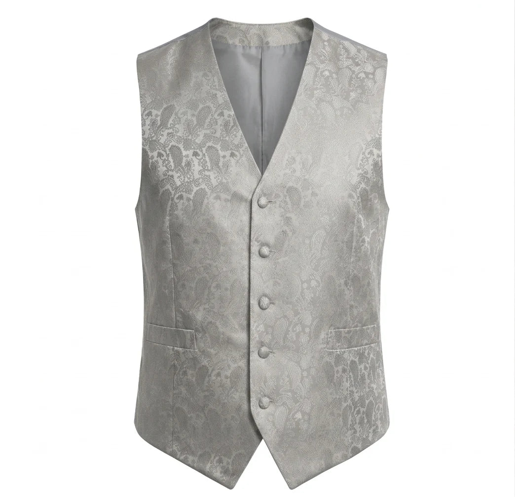 Completo da uomo a 3 pezzi con papillon, fazzoletto da taschino e gilet con stampa floreale paisley - Grigio
