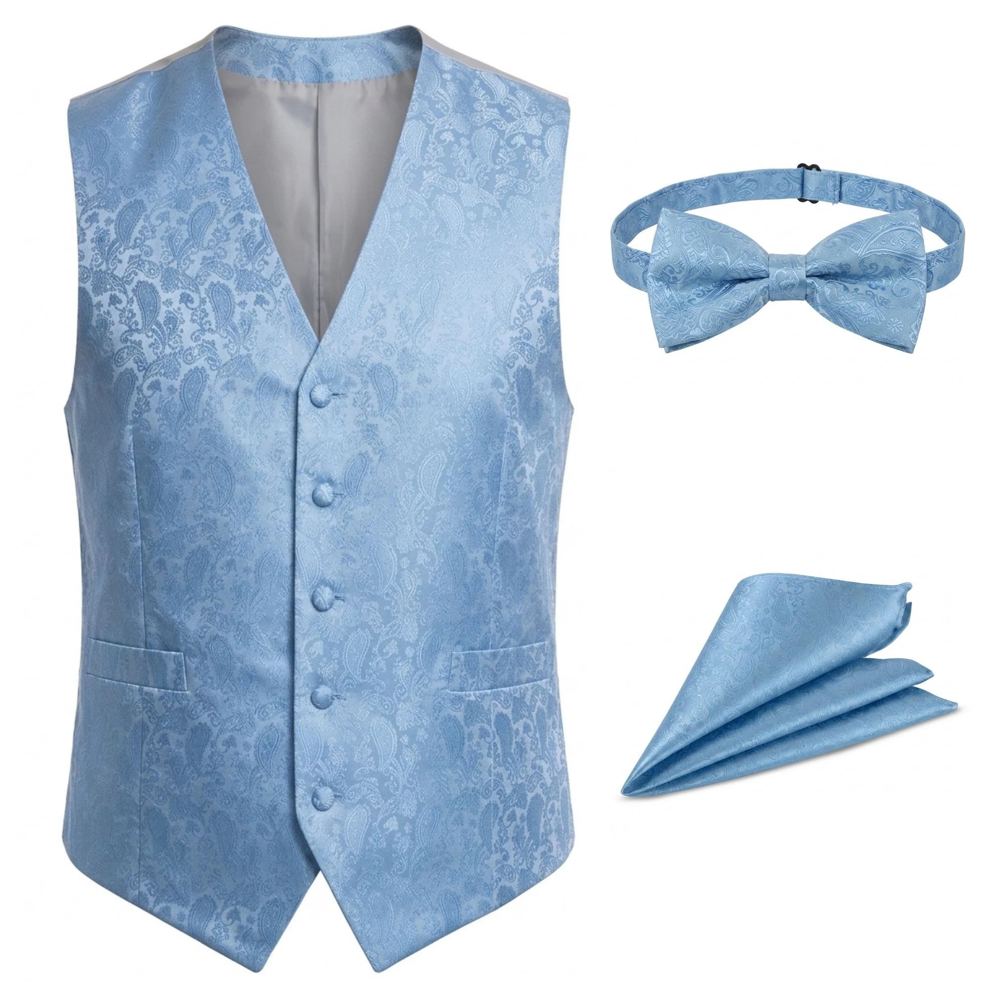 Completo da uomo a 3 pezzi con papillon, fazzoletto e gilet con stampa floreale Paisley - Sky