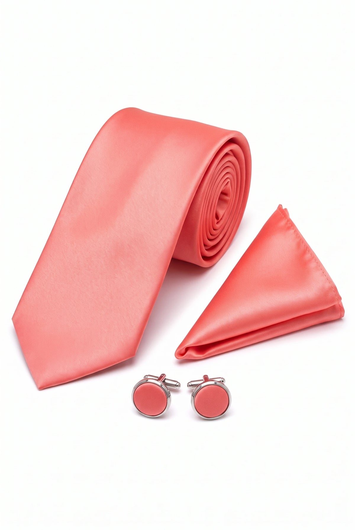 Set da uomo color pesca con cravatta, fazzoletto da taschino e gemelli.