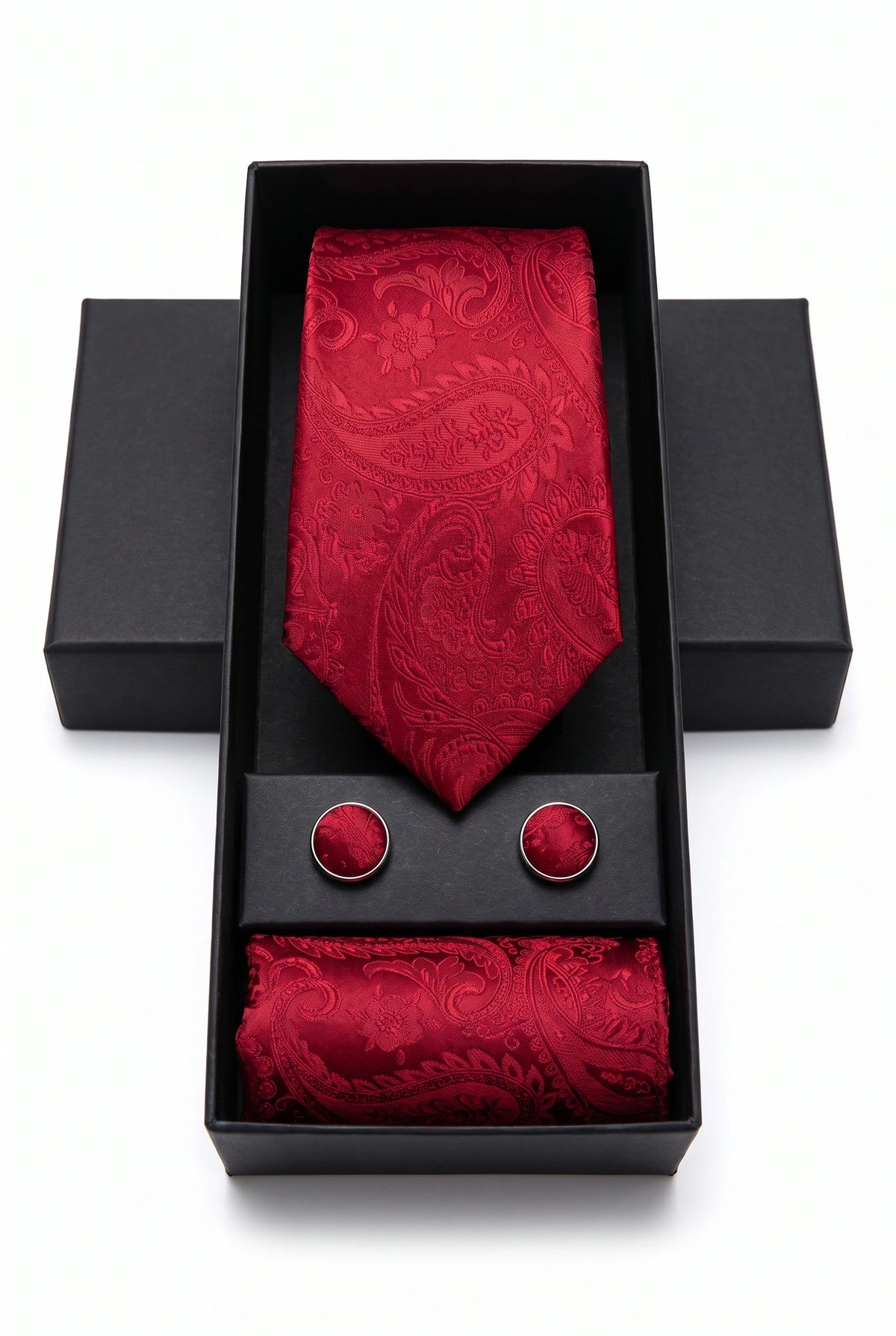 Set regalo con cravatta da uomo rossa a fantasia paisley