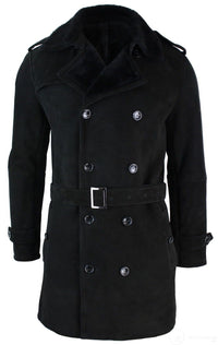 Mens Sherling Sheepskin Black Grey Double Breasted Belted 3/4 Overcoat