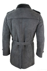 Mens Sherling Sheepskin Black Grey Double Breasted Belted 3/4 Overcoat
