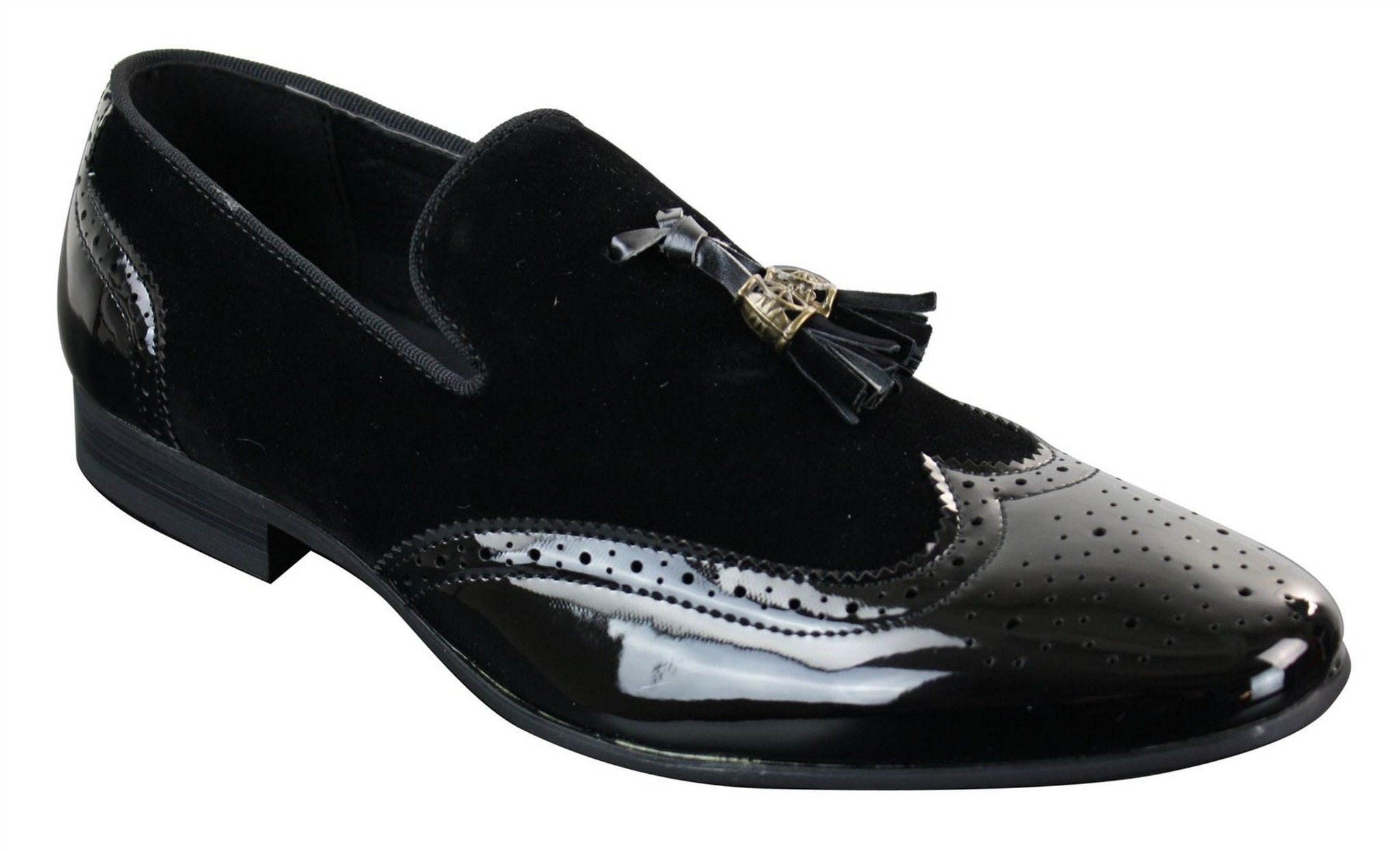 Patron 239-10 Mens Slip On Tassel Driving Shoes Shiny Black Patent Leather PU Suede Loafers
