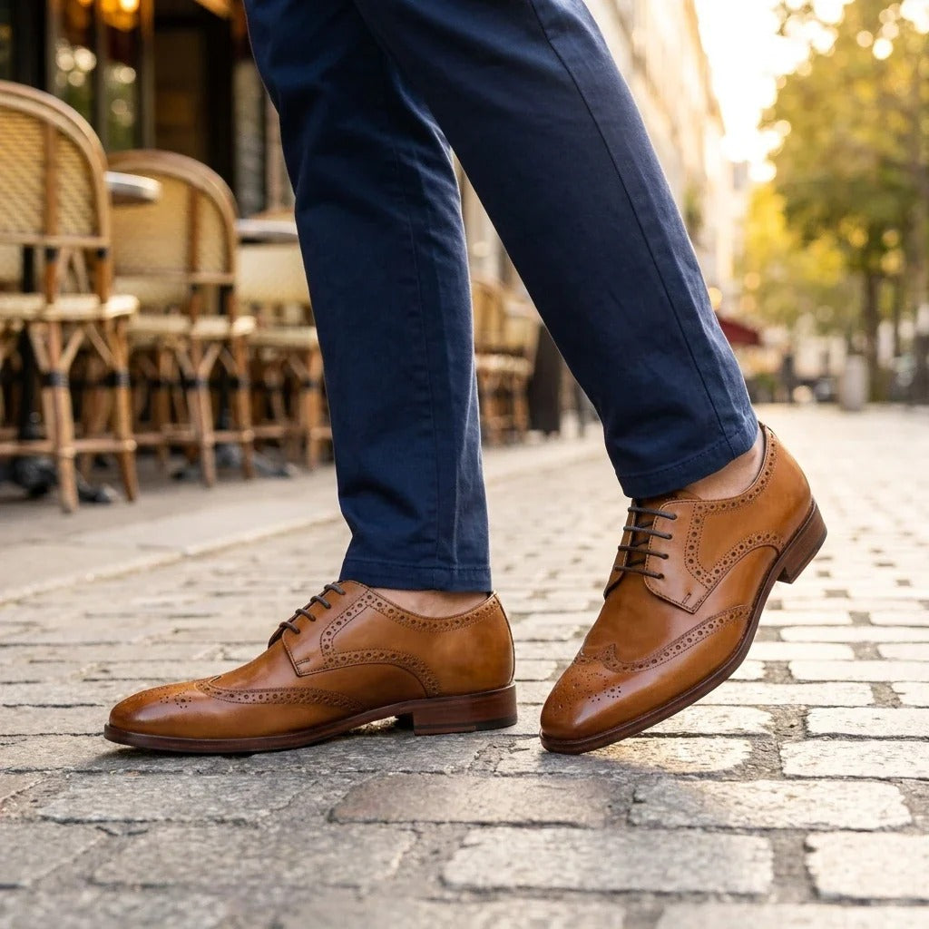 Scarpe stringate brogue classiche da uomo in pelle marrone chiaro