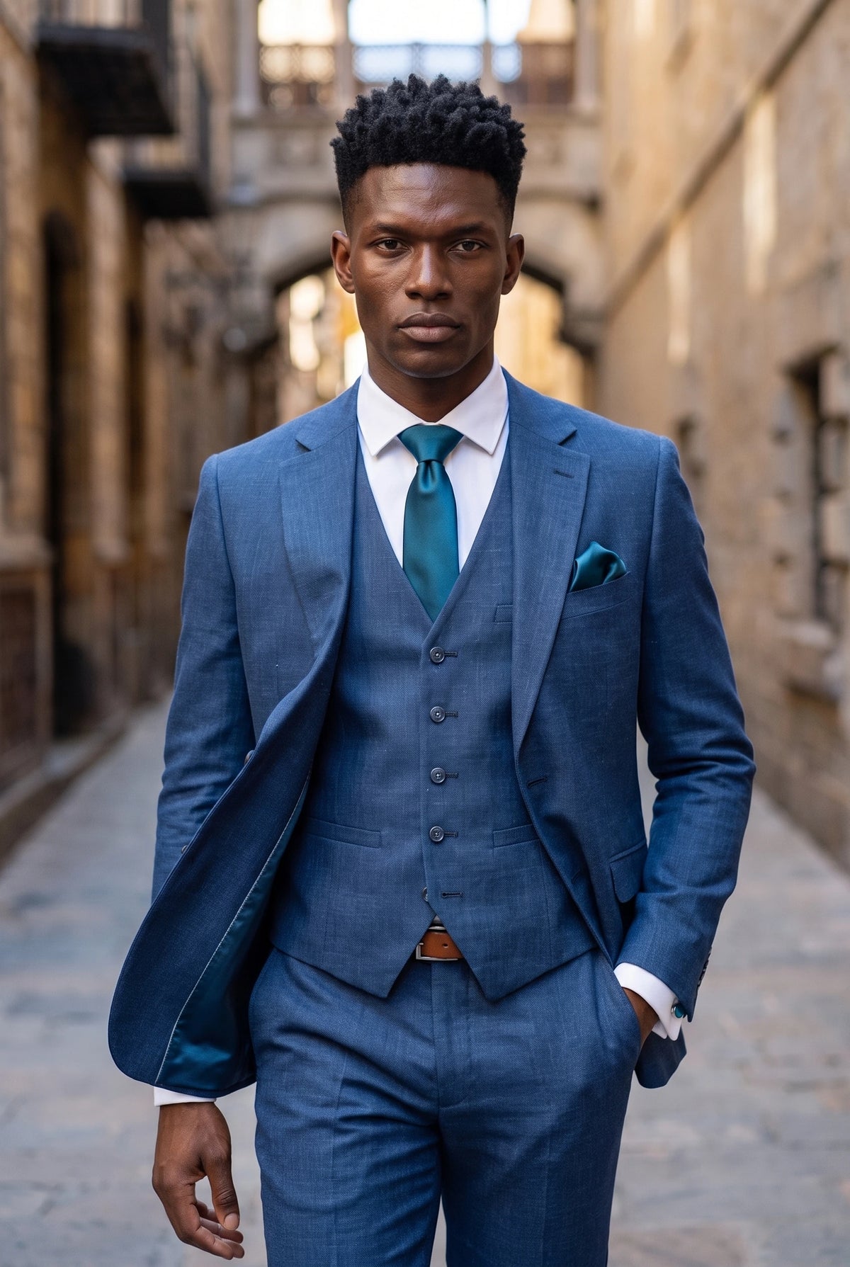 Set da uomo color verde acqua con cravatta, fazzoletto da taschino e gemelli.