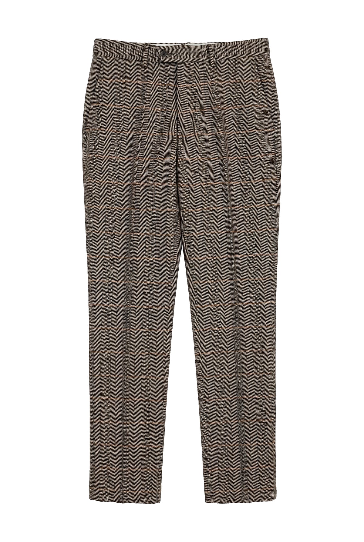 Dx-7 - Pantaloni da uomo in tweed a quadri, a spina di pesce, marrone chiaro, regular