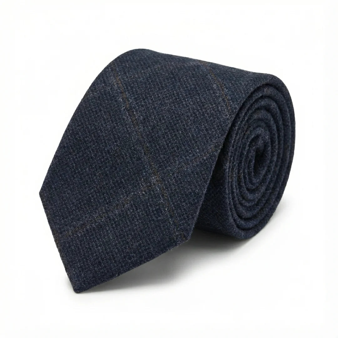 Cravatta da uomo in tweed a spina di pesce in misto lana - Blu navy