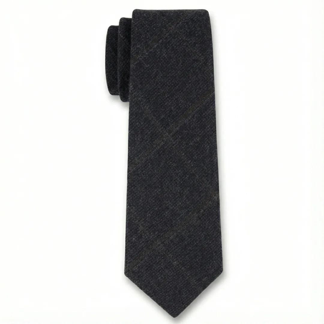 Cravatta da uomo in tweed a spina di pesce in misto lana - Blu navy