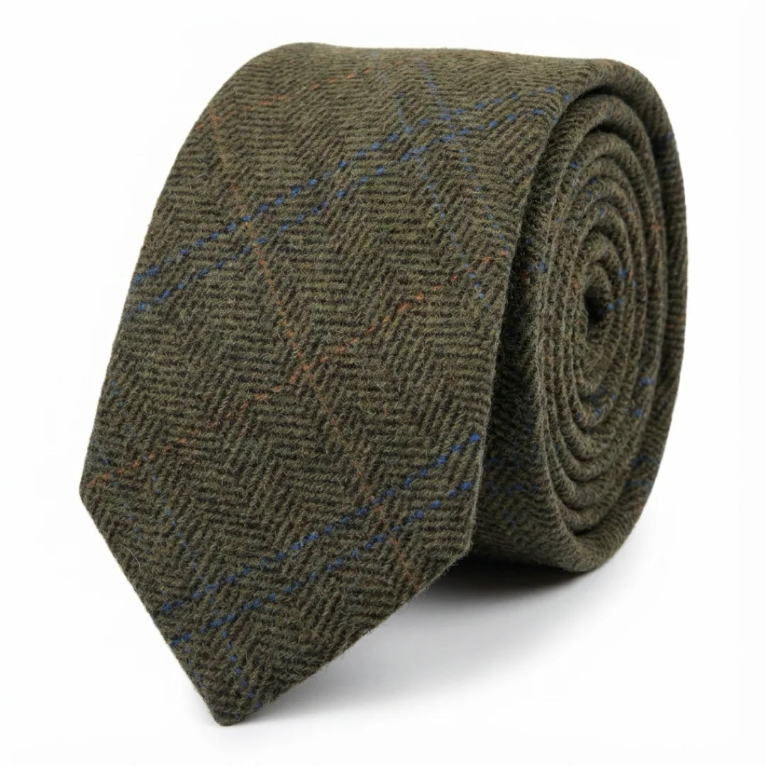 Cravatta da uomo in tweed a spina di pesce in misto lana - Verde oliva