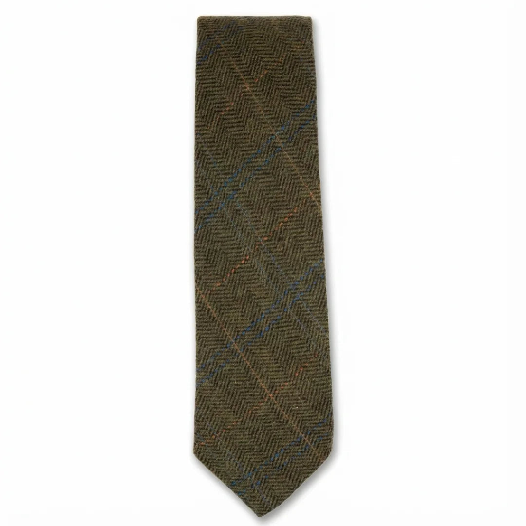 Cravatta da uomo in tweed a spina di pesce in misto lana - Verde oliva