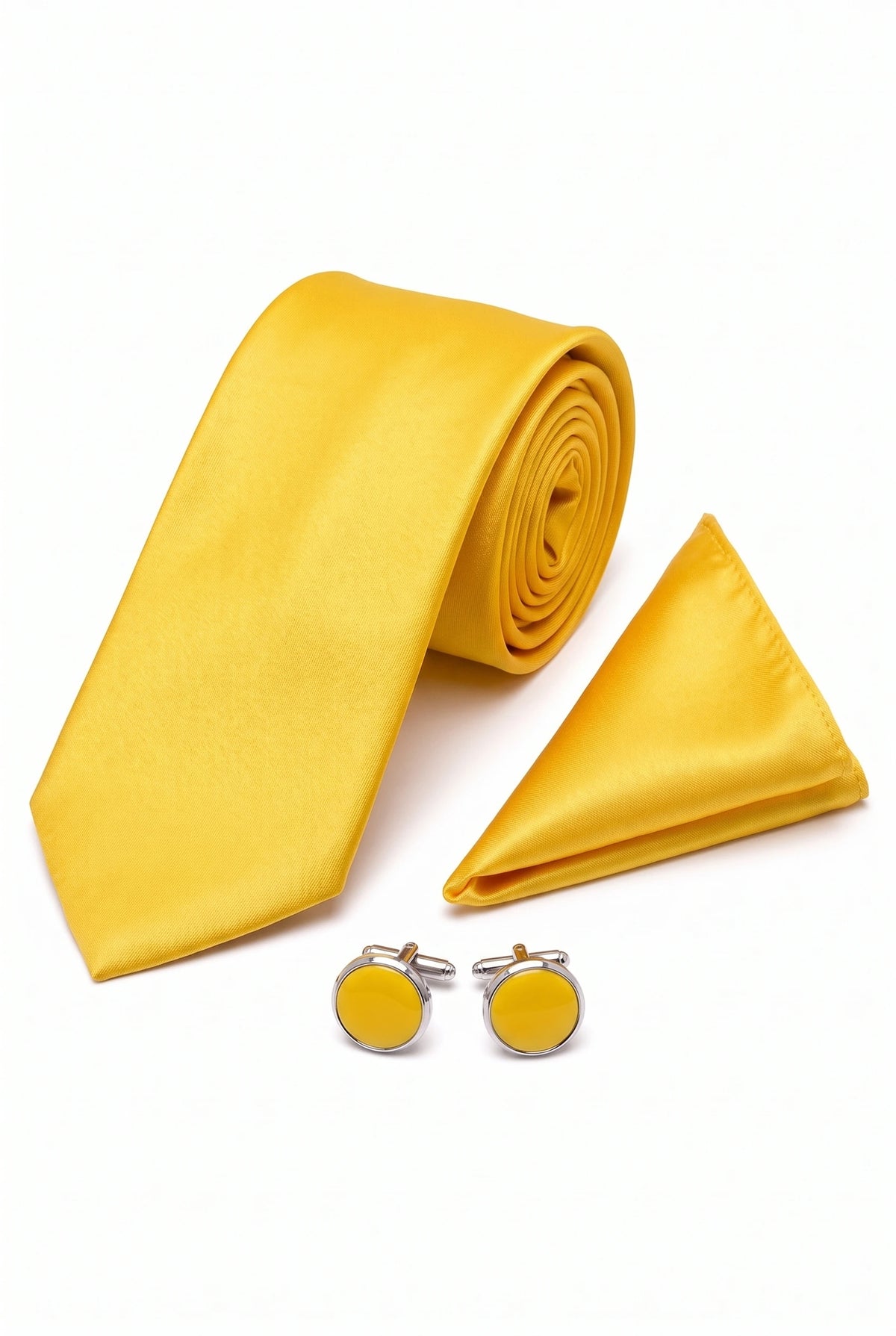 Set da uomo giallo con cravatta, fazzoletto da taschino e gemelli.