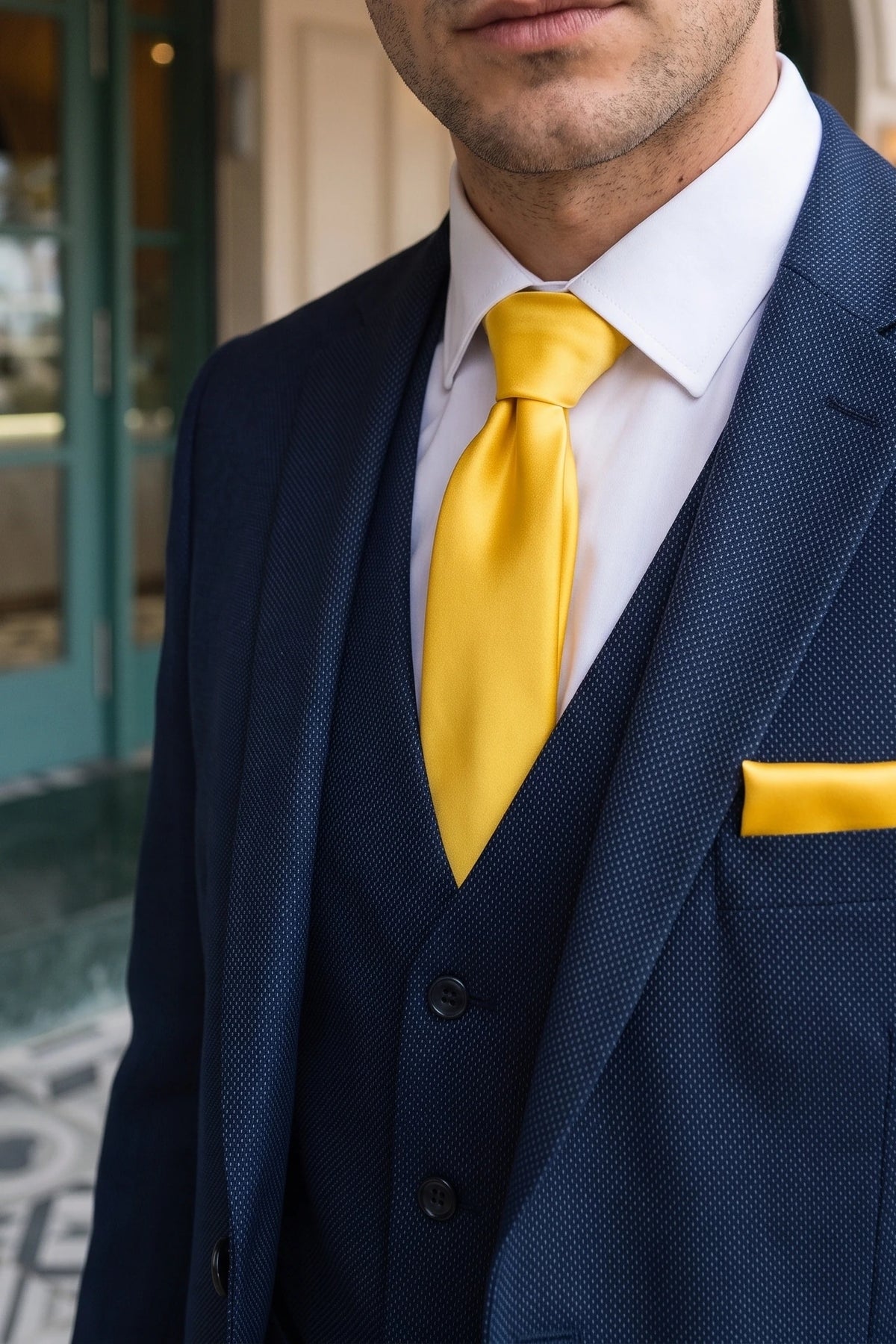 Set da uomo giallo con cravatta, fazzoletto da taschino e gemelli.