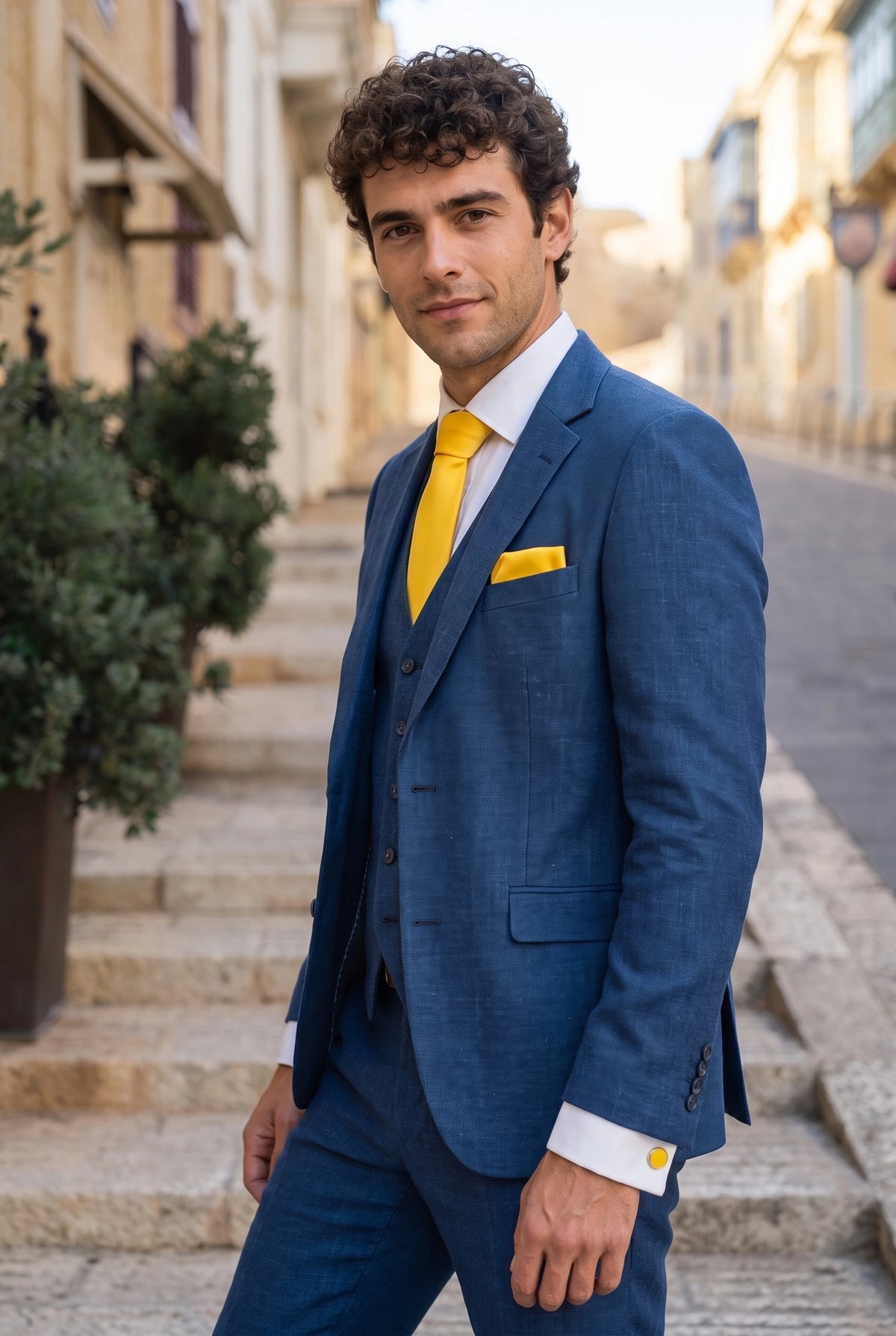 Set da uomo giallo con cravatta, fazzoletto da taschino e gemelli.