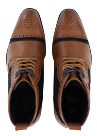 Mens Tan/Navy Leather & Velvet Akle Boots