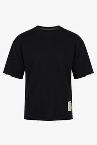 T-shirt da uomo blu scuro, vestibilità comoda, con orlo a vivo, in misto cotone e girocollo.
