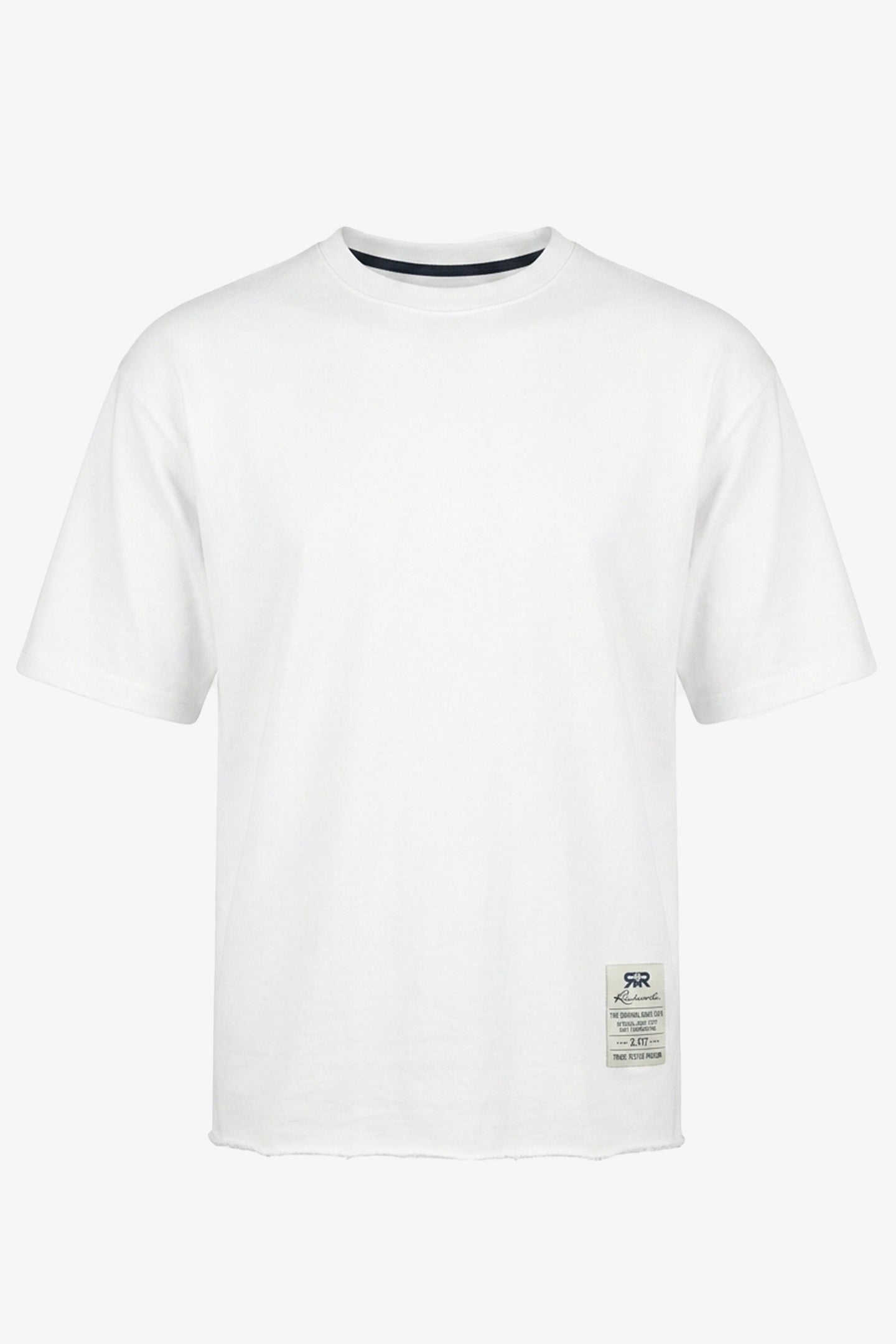 T-shirt da uomo bianca a vestibilità comoda con orlo sfrangiato, in misto cotone, girocollo.