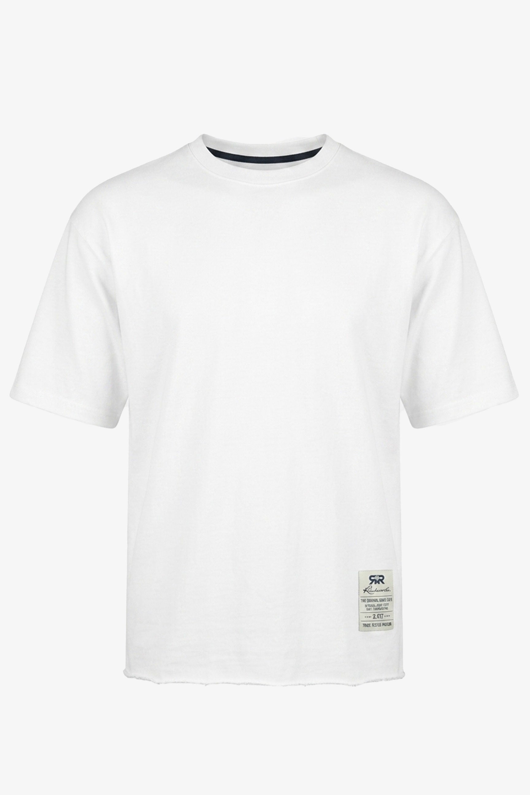 T-shirt da uomo bianca a vestibilità comoda con orlo sfrangiato, in misto cotone, girocollo.