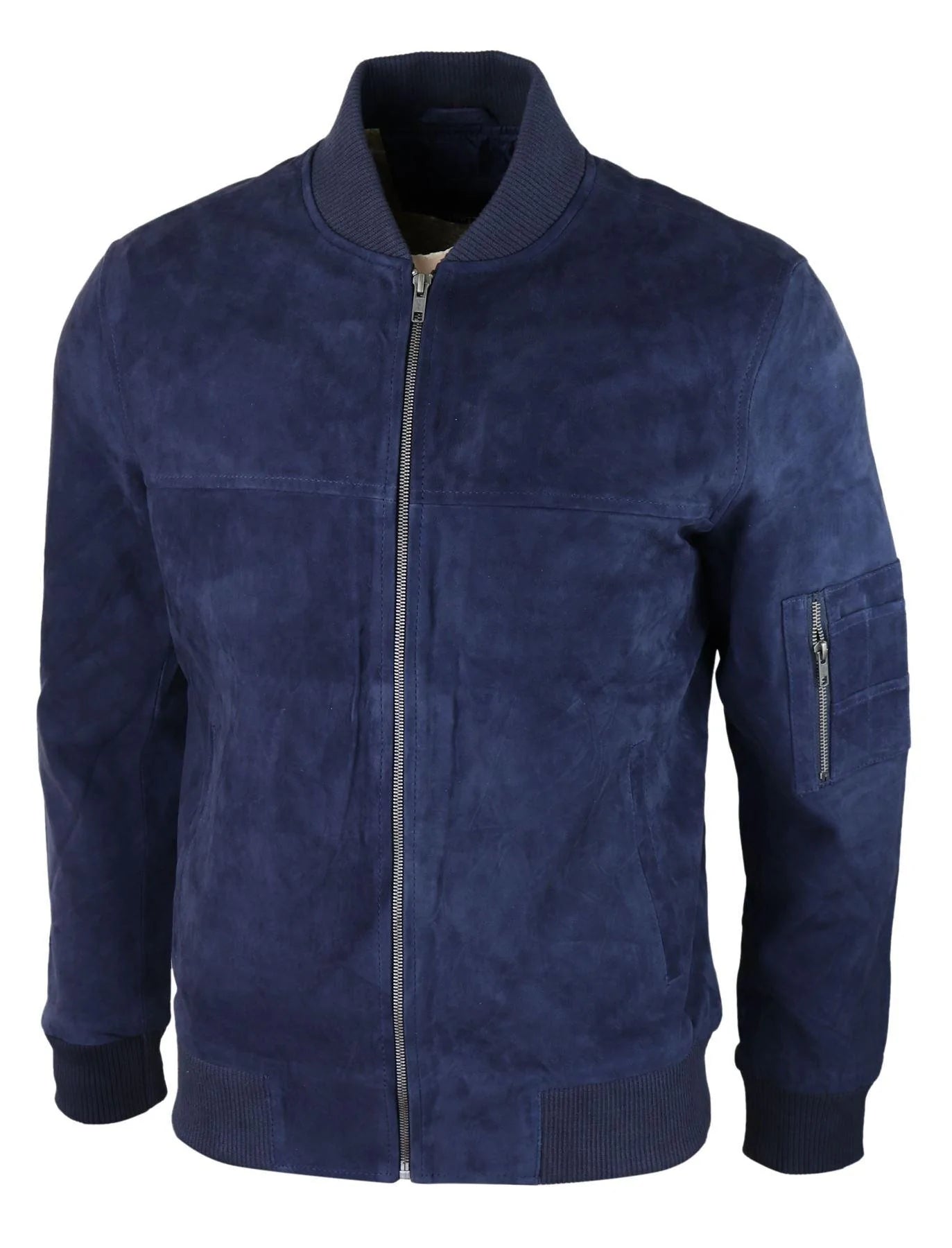 Mens Genuine Suede Bomber Jacket Leather Casual Varsity VIntage Smart Casual Navy