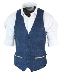 Mens Herringbone Tweed Vintage Check Waistcoat Velvet Trim Blue Brown Grey