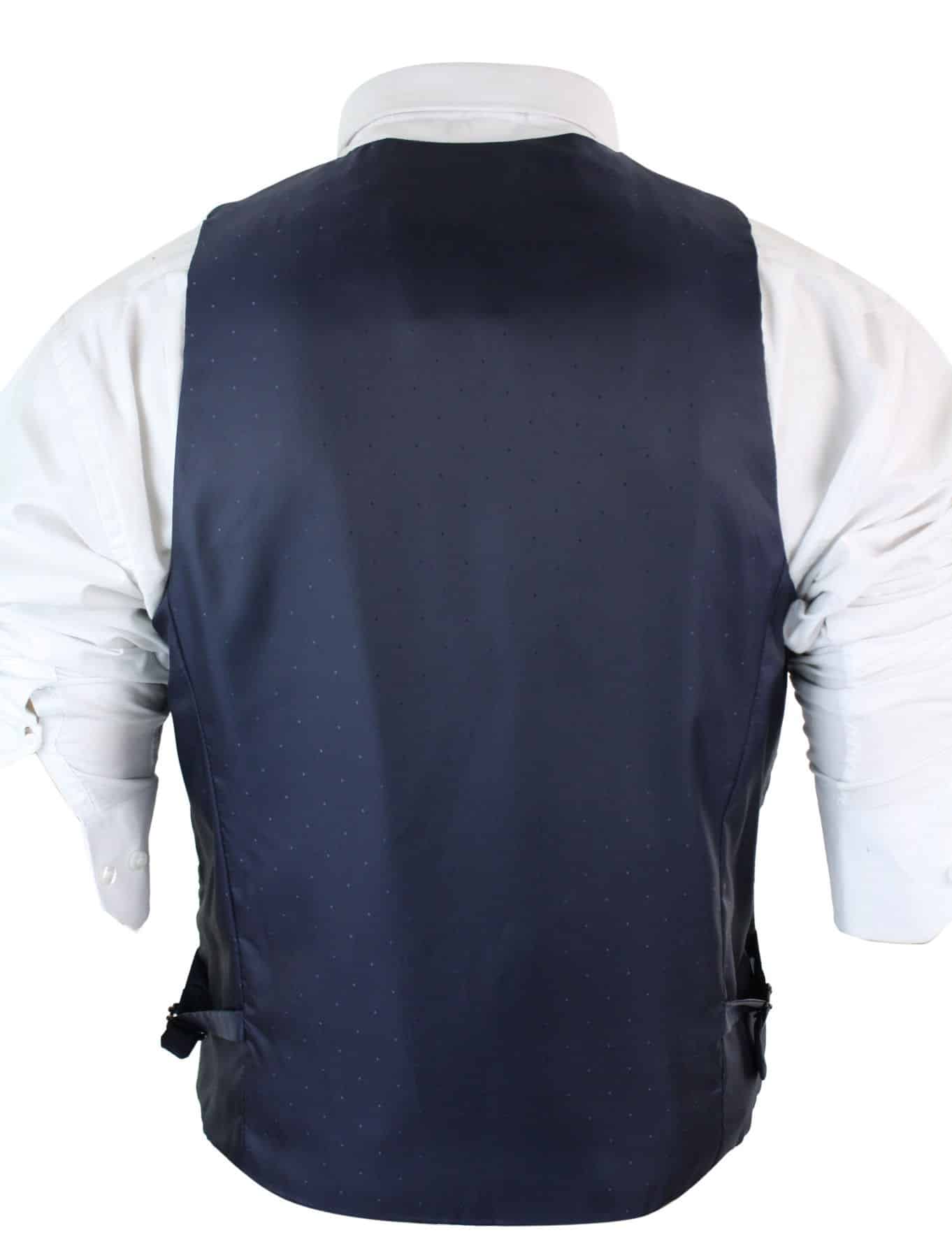 Mens Herringbone Tweed Vintage Check Waistcoat Velvet Trim Blue Brown Grey