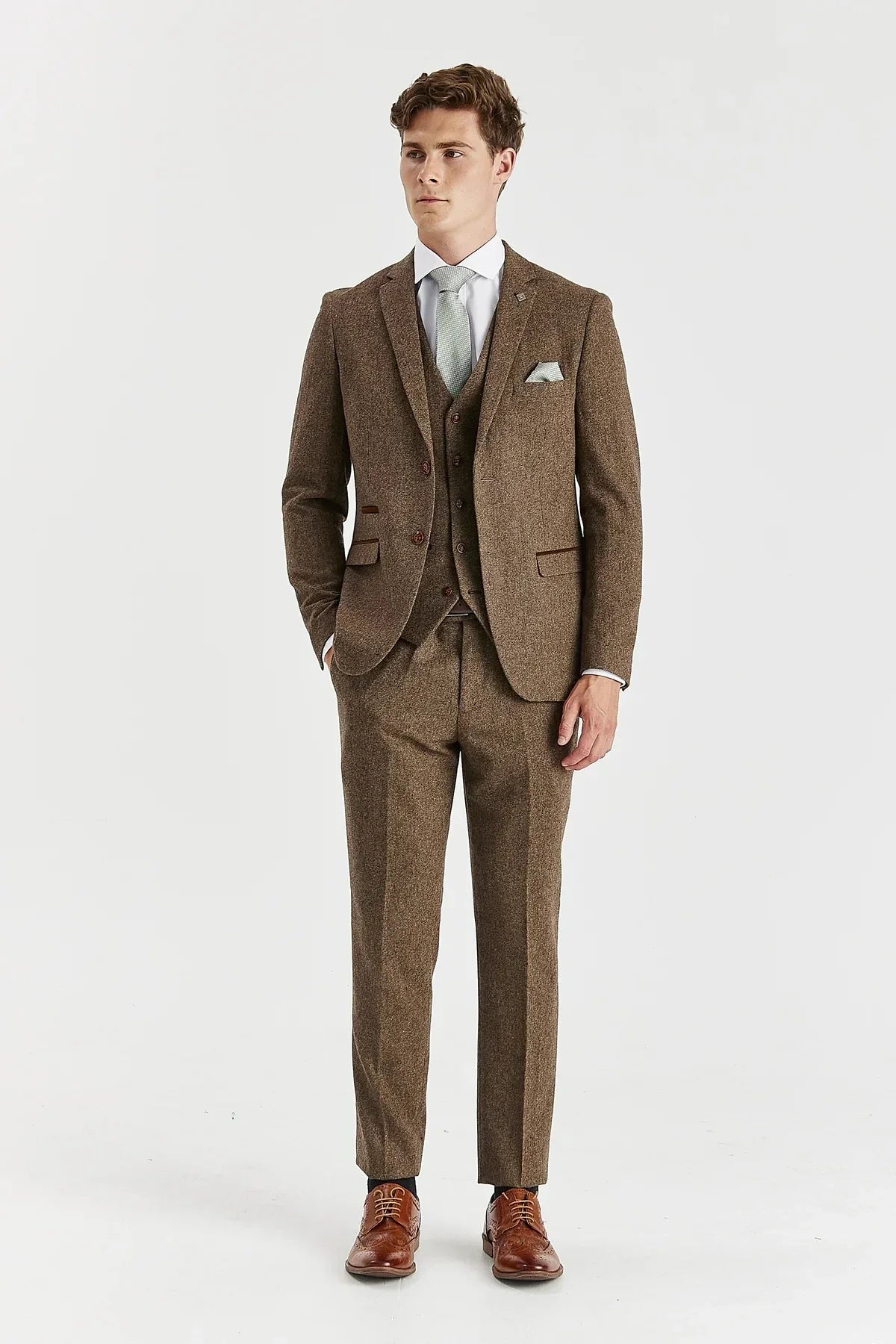 Oscar - Abito da uomo in tweed misto lana marrone, 3 pezzi