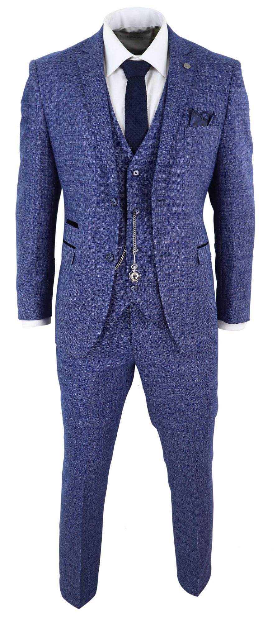 Mens Tweed Blue 3 Piece Check Suit Pocket Watch Tailored Fit Peaky Blinders