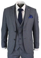 Paul Andrew Henry - Mens 3 Piece Tailored Fit Prince Of Wales Check Grey Blue Tweed Suit Vintage Retro